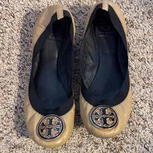 Tory Burch Beige Leather Logo-Emblem Ballet Flats